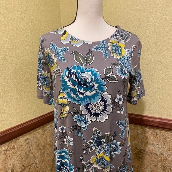 Loft NWT Outlet Size Medium Stretchy Dress Gray Teal Yellow Flowers Floral New - Picture 2 of 7